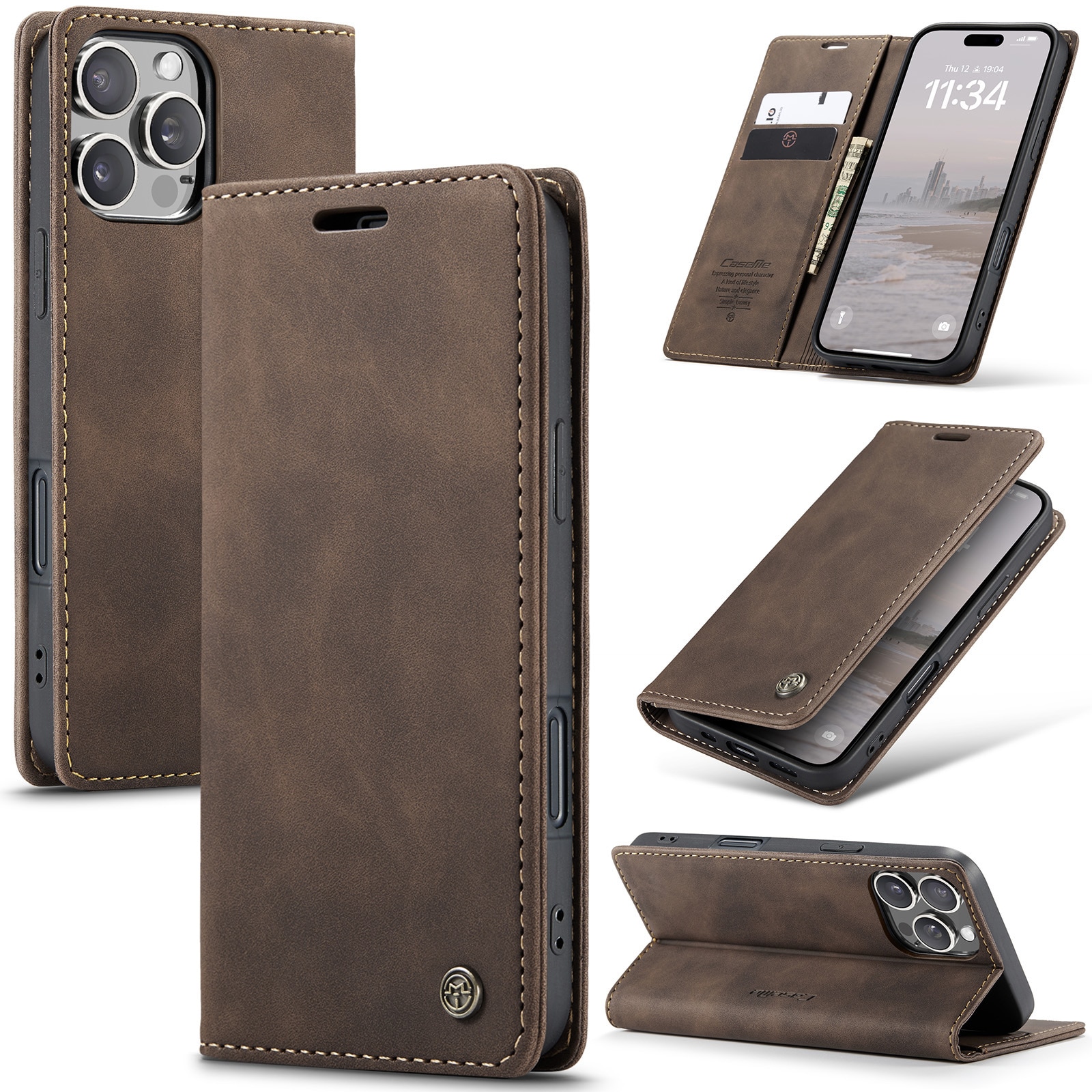 Étui portefeuille mince iPhone 16 Pro, Marron