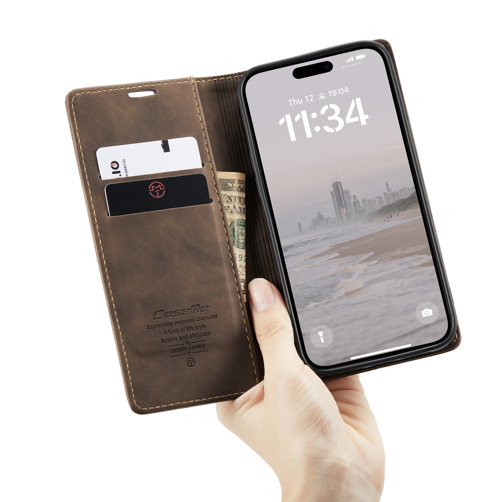 Étui portefeuille mince iPhone 16 Pro, Marron