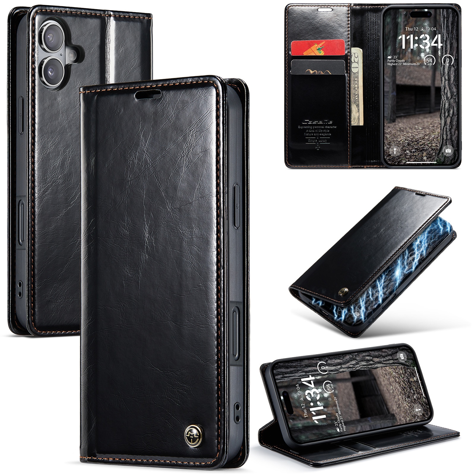 Étui en cuir iPhone 16, noir