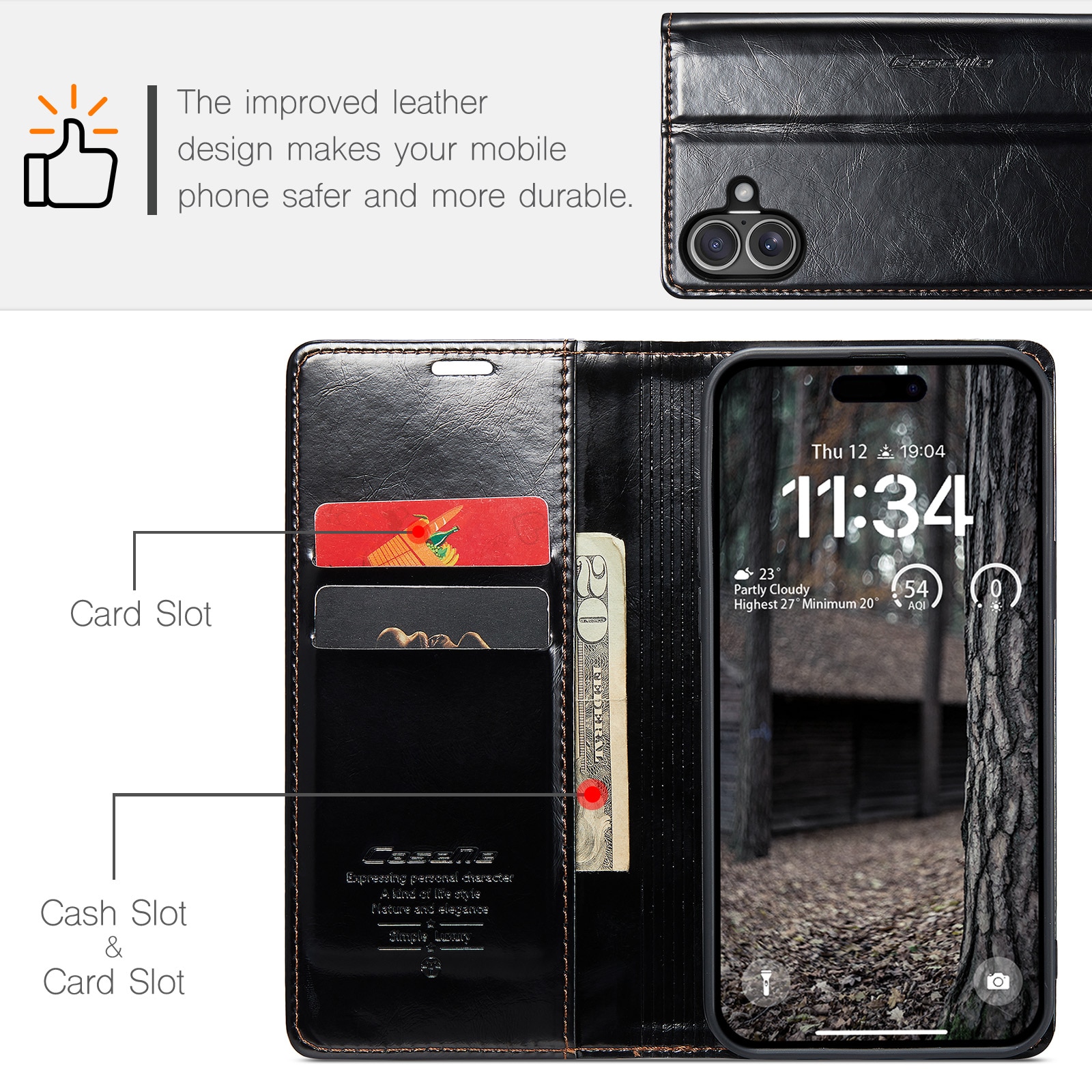 Étui en cuir iPhone 16, noir