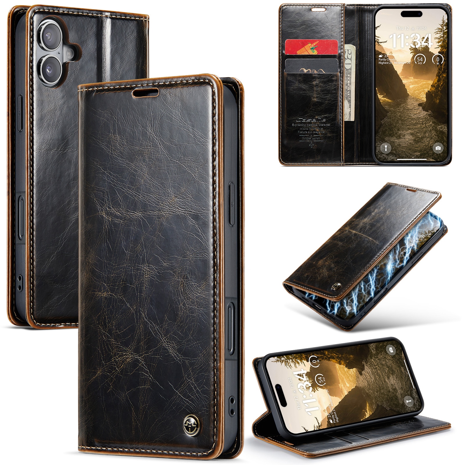 Étui en cuir iPhone 16, marron