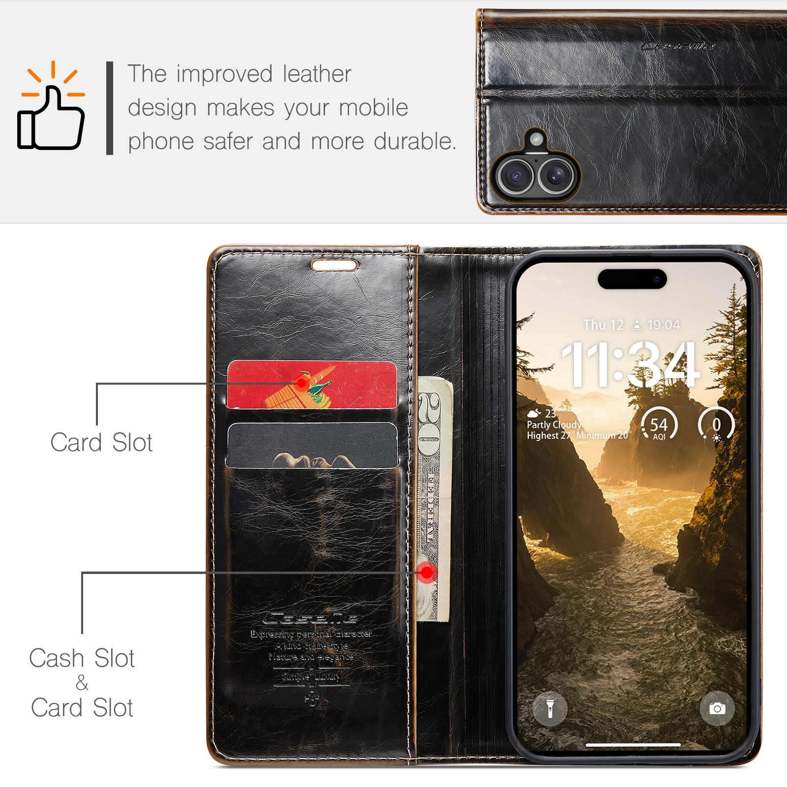 Étui en cuir iPhone 16, marron