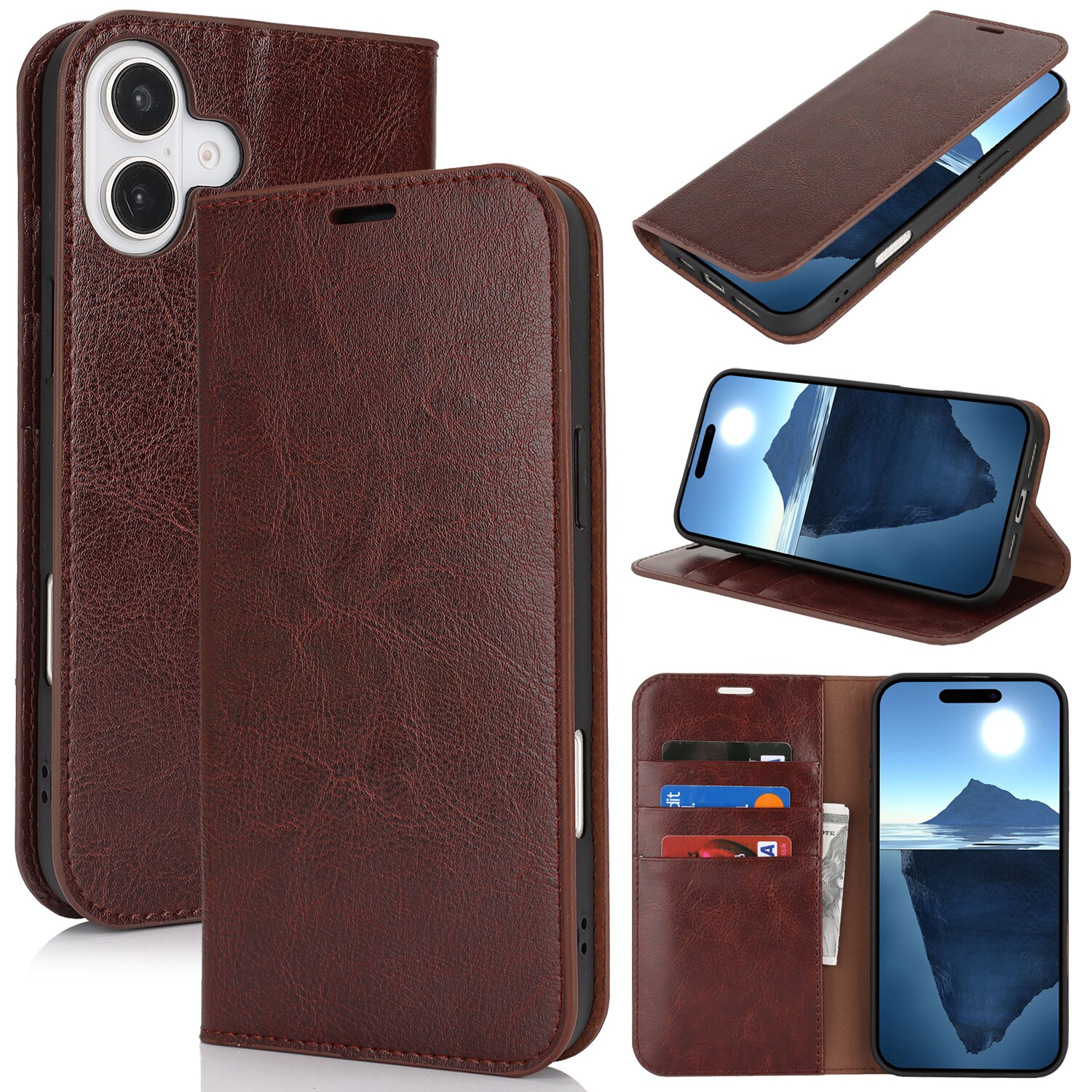 Coque portefeuille en cuir Veritable iPhone 16, Marron foncé
