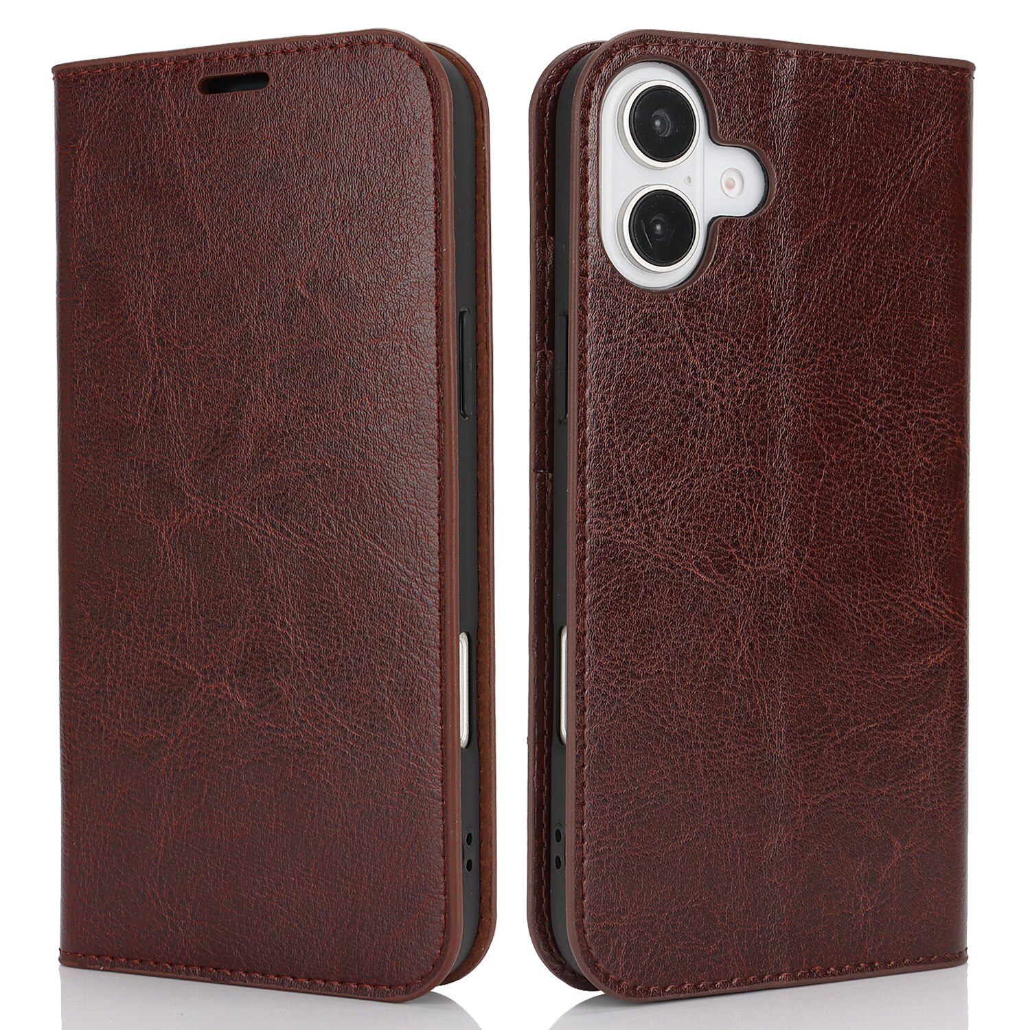 Coque portefeuille en cuir Veritable iPhone 16, Marron foncé