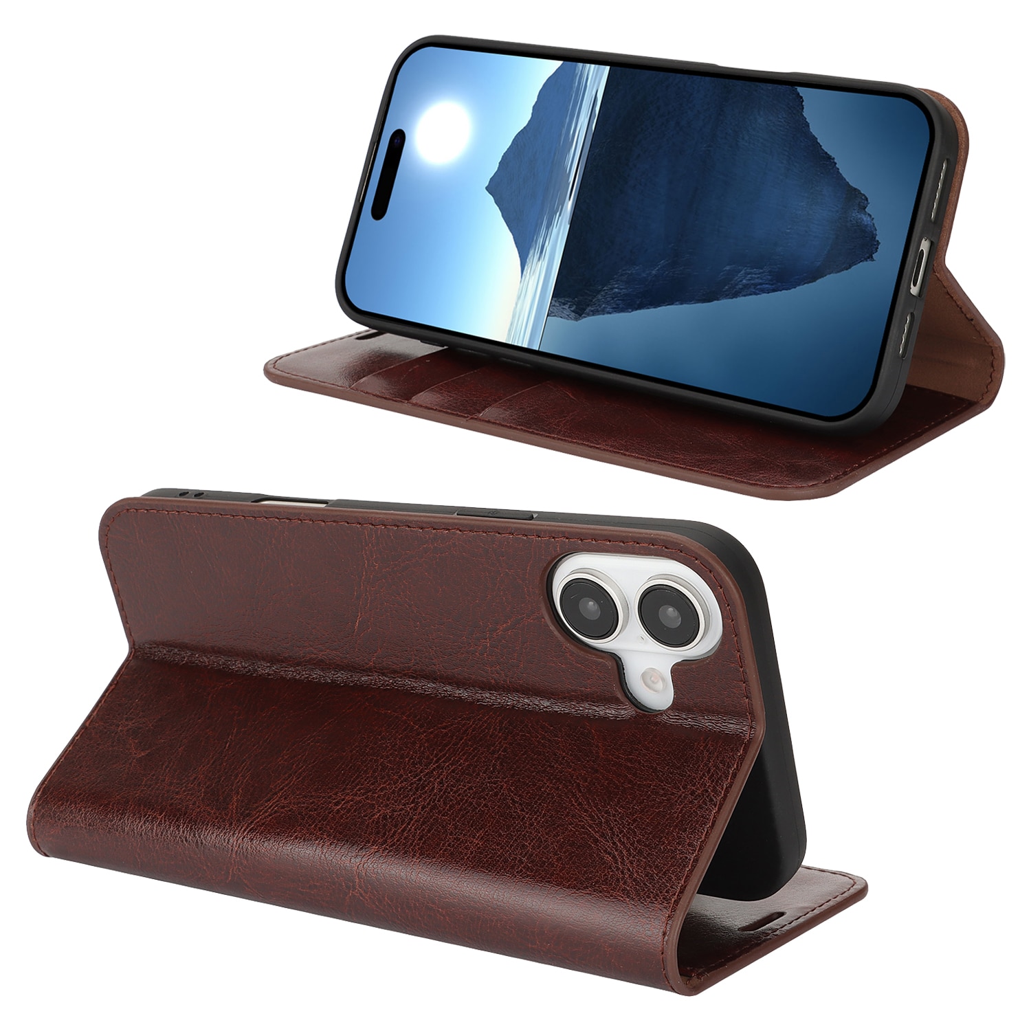 Coque portefeuille en cuir Veritable iPhone 16, Marron foncé