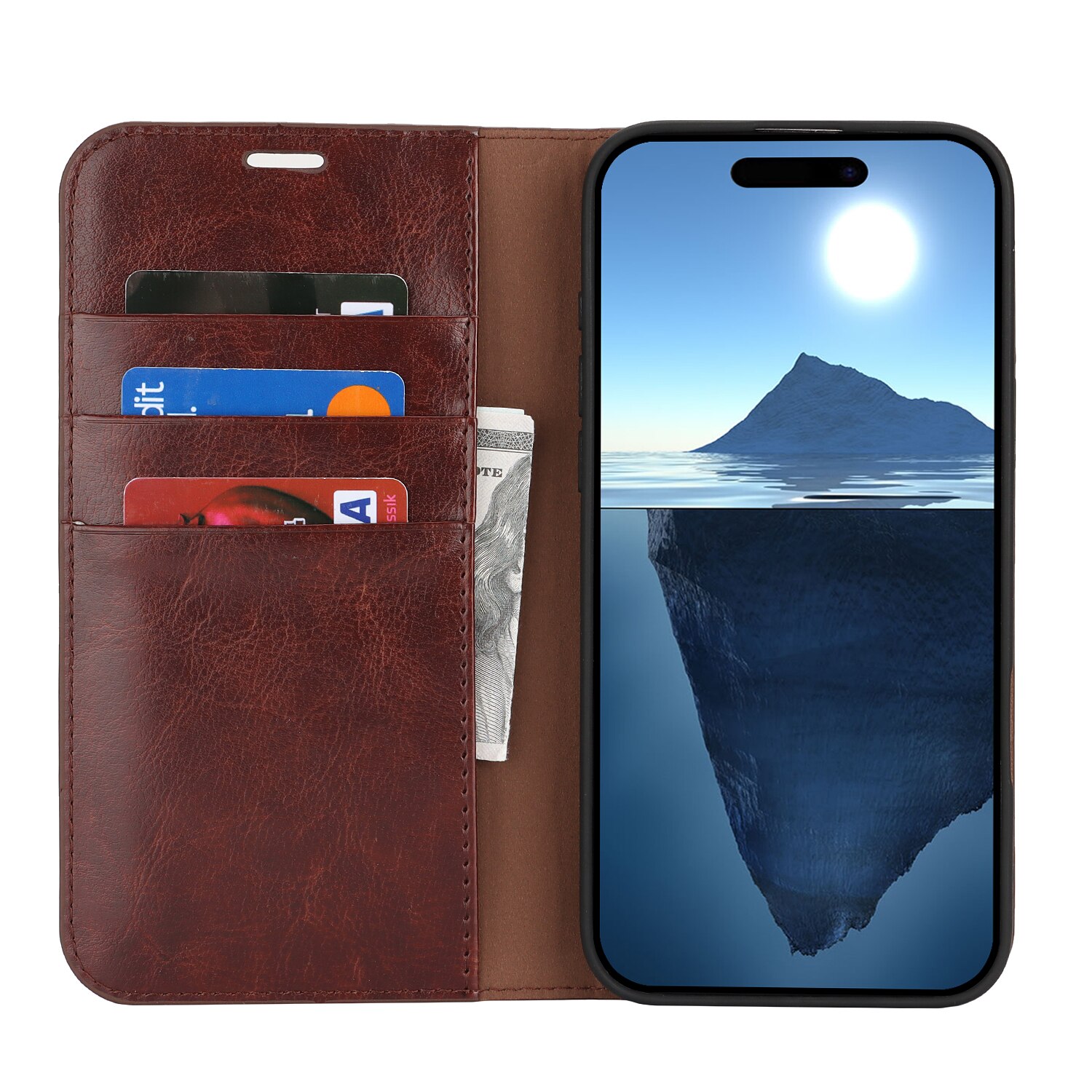 Coque portefeuille en cuir Veritable iPhone 16, Marron foncé