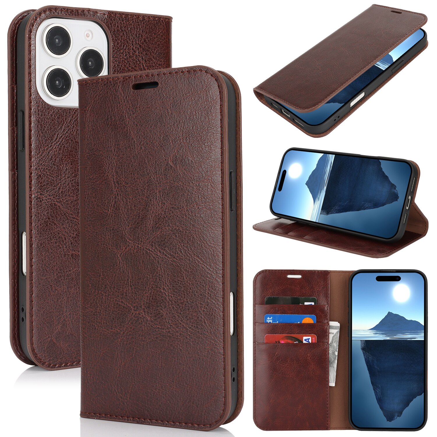 Coque portefeuille en cuir Veritable iPhone 16 Pro, Marron foncé