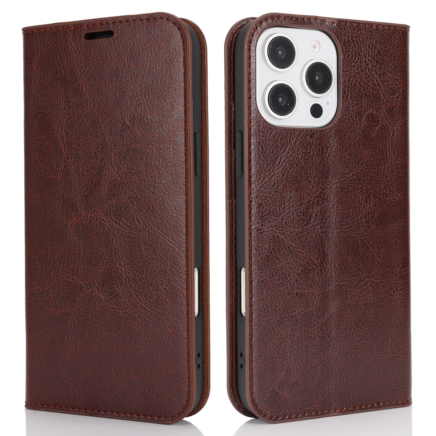 Coque portefeuille en cuir Veritable iPhone 16 Pro, Marron foncé