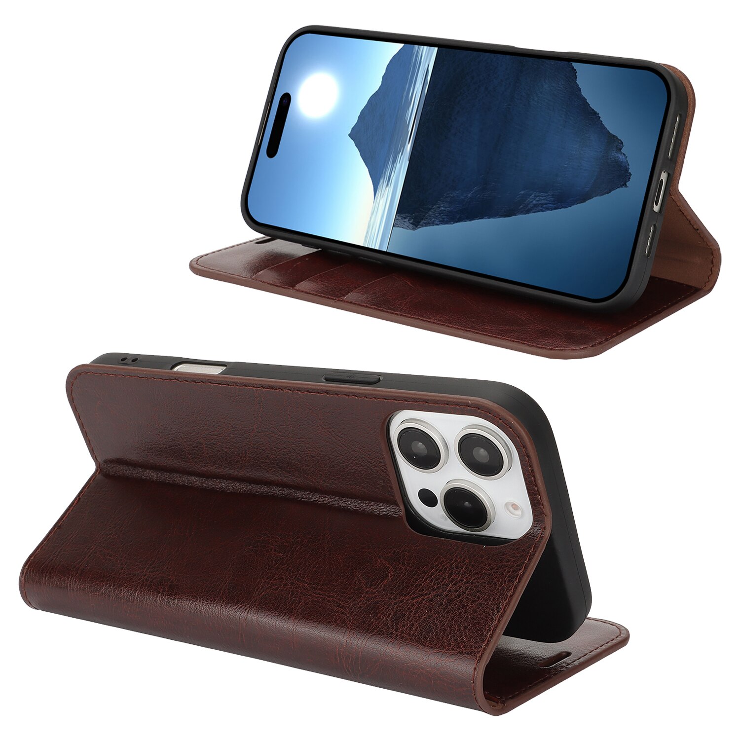 Coque portefeuille en cuir Veritable iPhone 16 Pro, Marron foncé