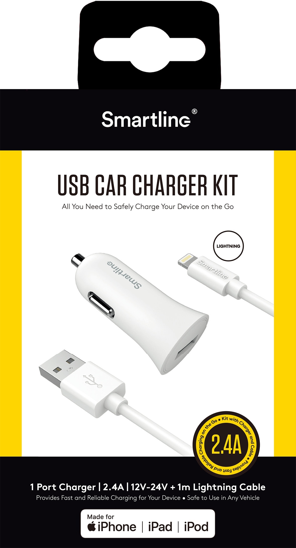 Chargeur de voiture et câble USB-A vers Lightning 1 mètre Blanc