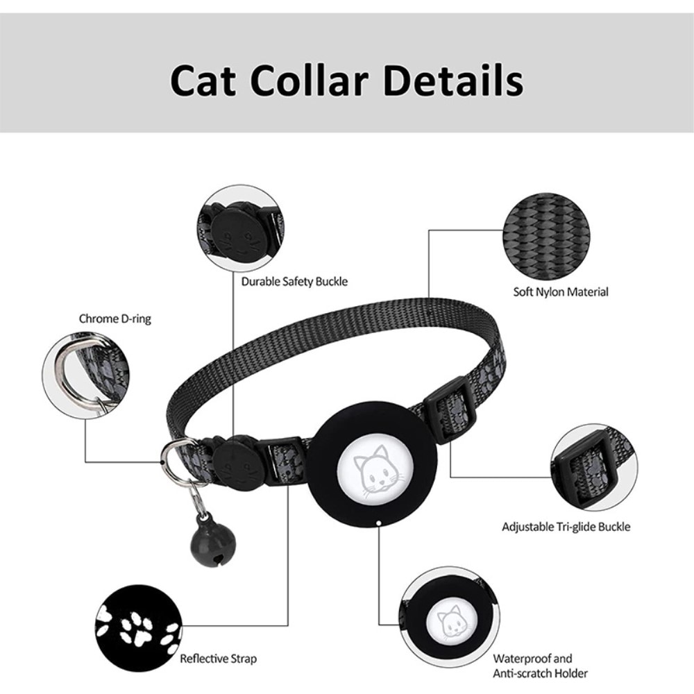 Collier pour chat Apple AirTag empreinte réfléchissante de patte, noir