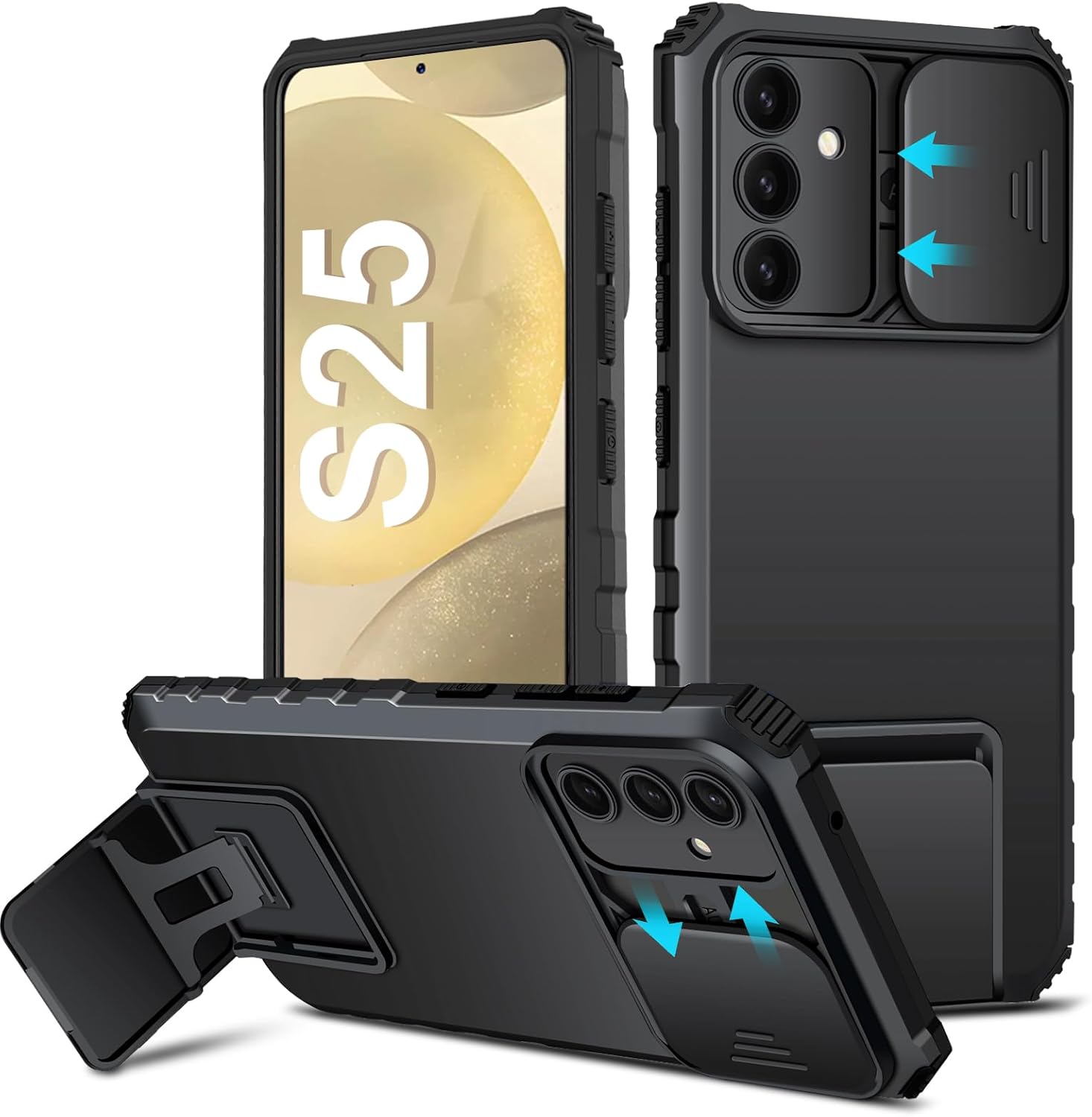Coque Kickstand avec Protège Caméra Samsung Galaxy S25, Noir