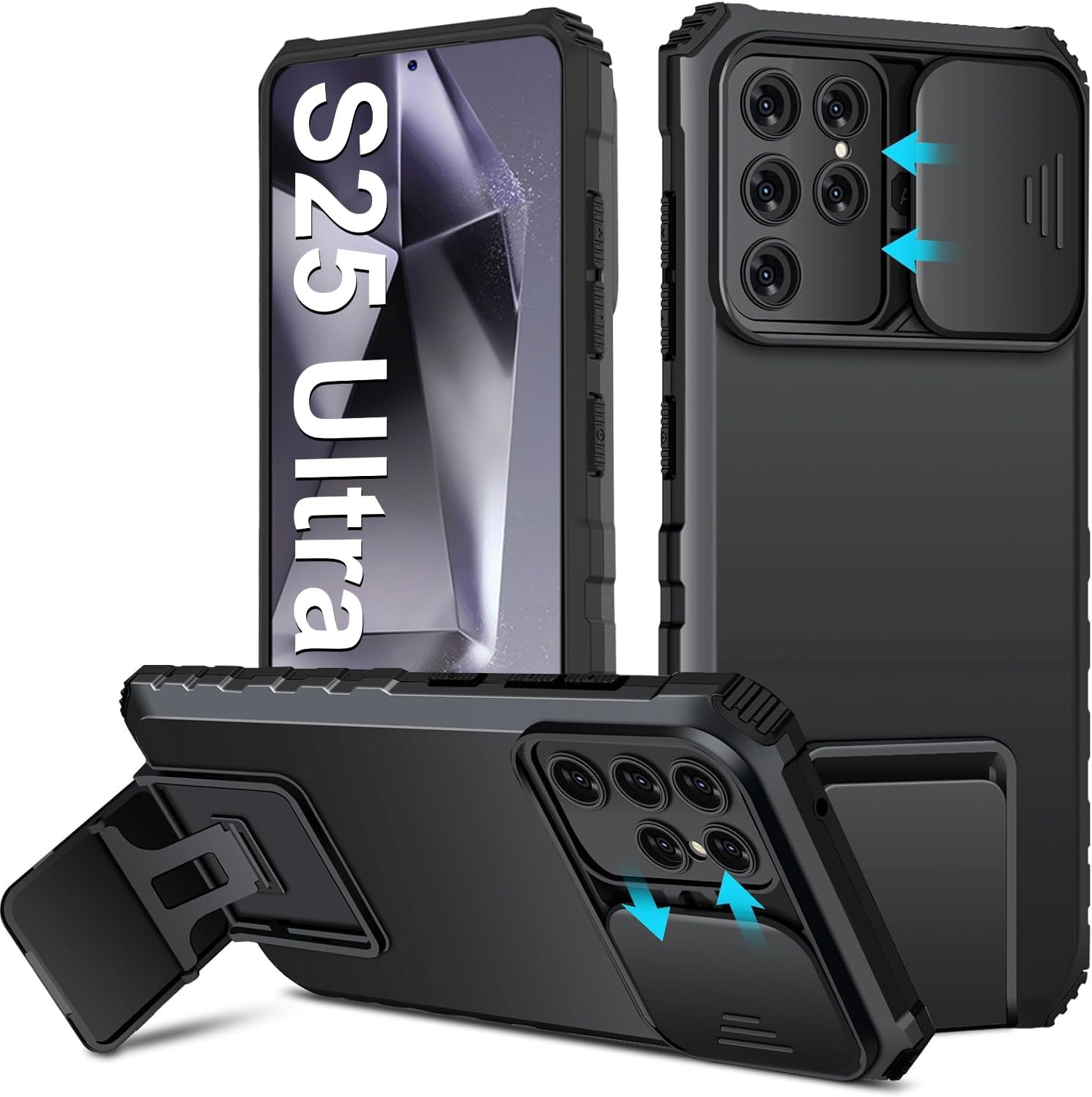 Coque Kickstand avec Protège Caméra Samsung Galaxy S25 Ultra, Noir