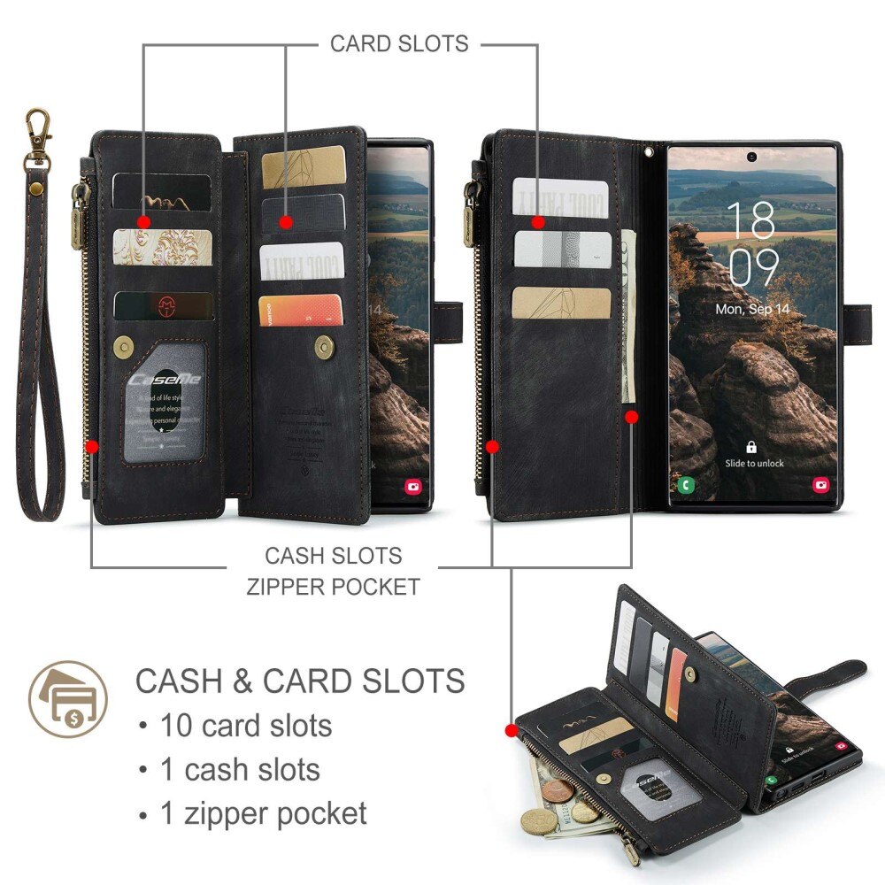 Étui portefeuille à glissière Samsung Galaxy S22 Ultra, Noir