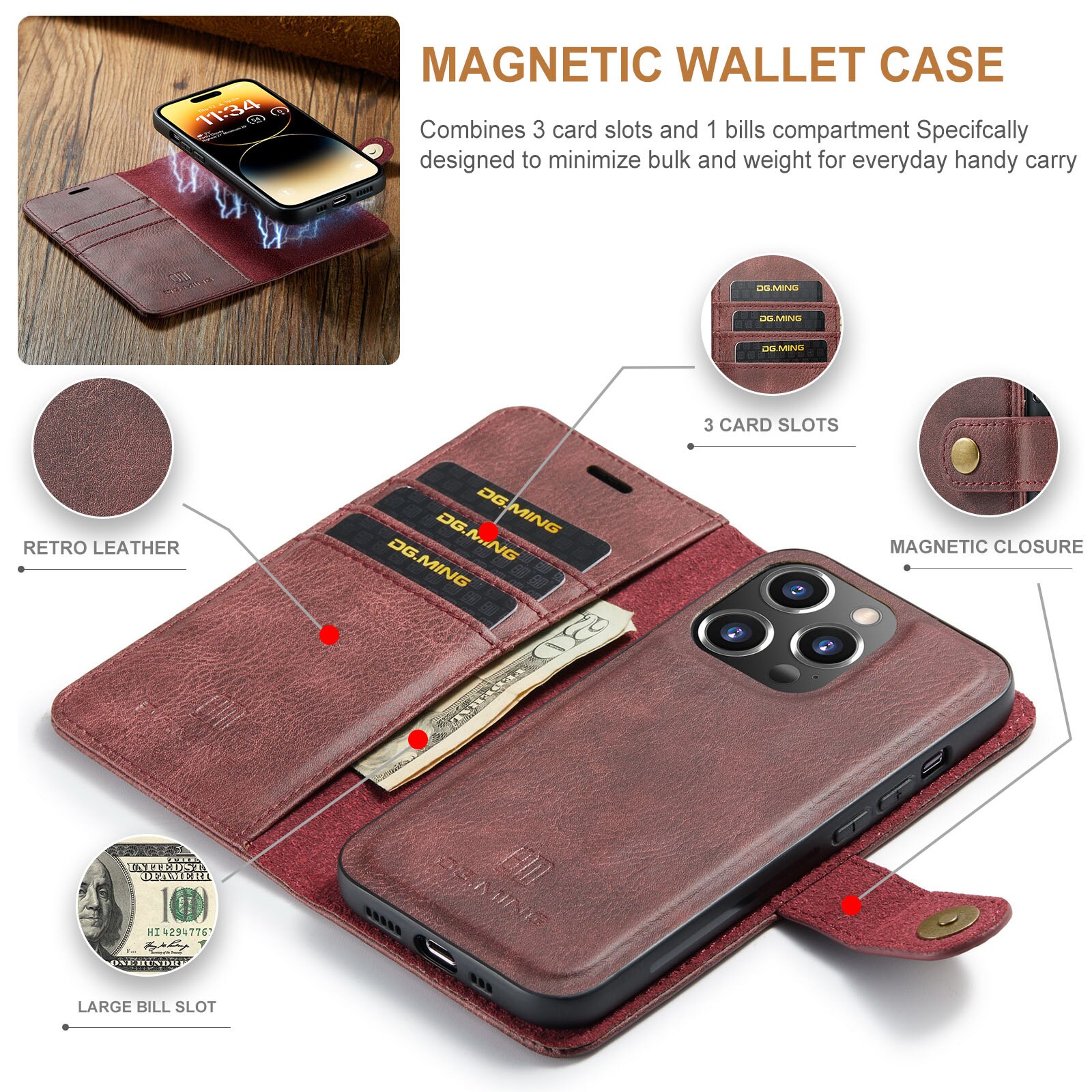 Étui portefeuille Magnet Wallet iPhone 14 Pro Max Red