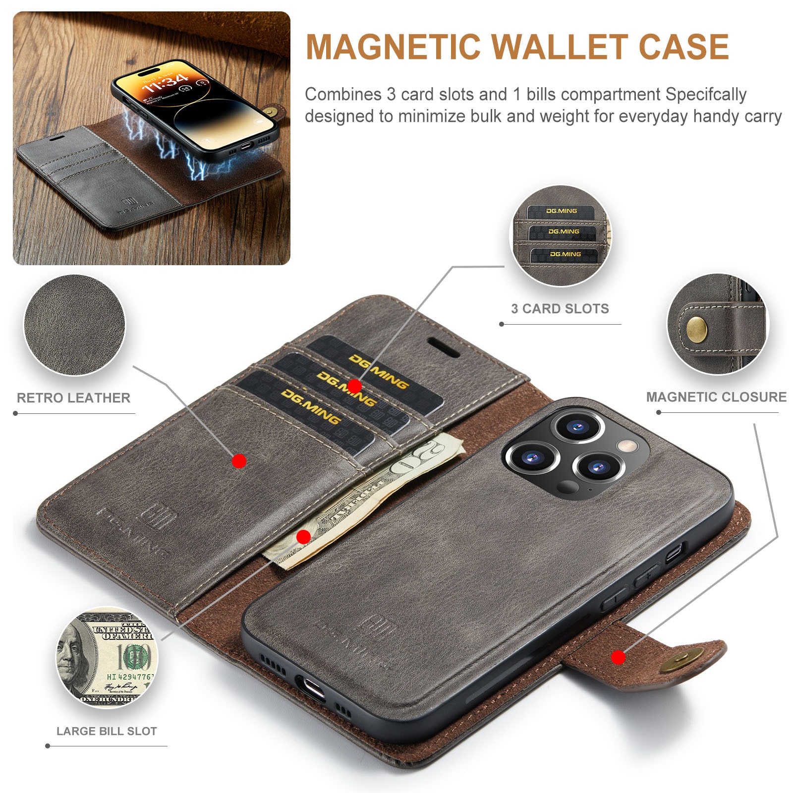 Étui portefeuille Magnet Wallet iPhone 14 Pro Max Brown