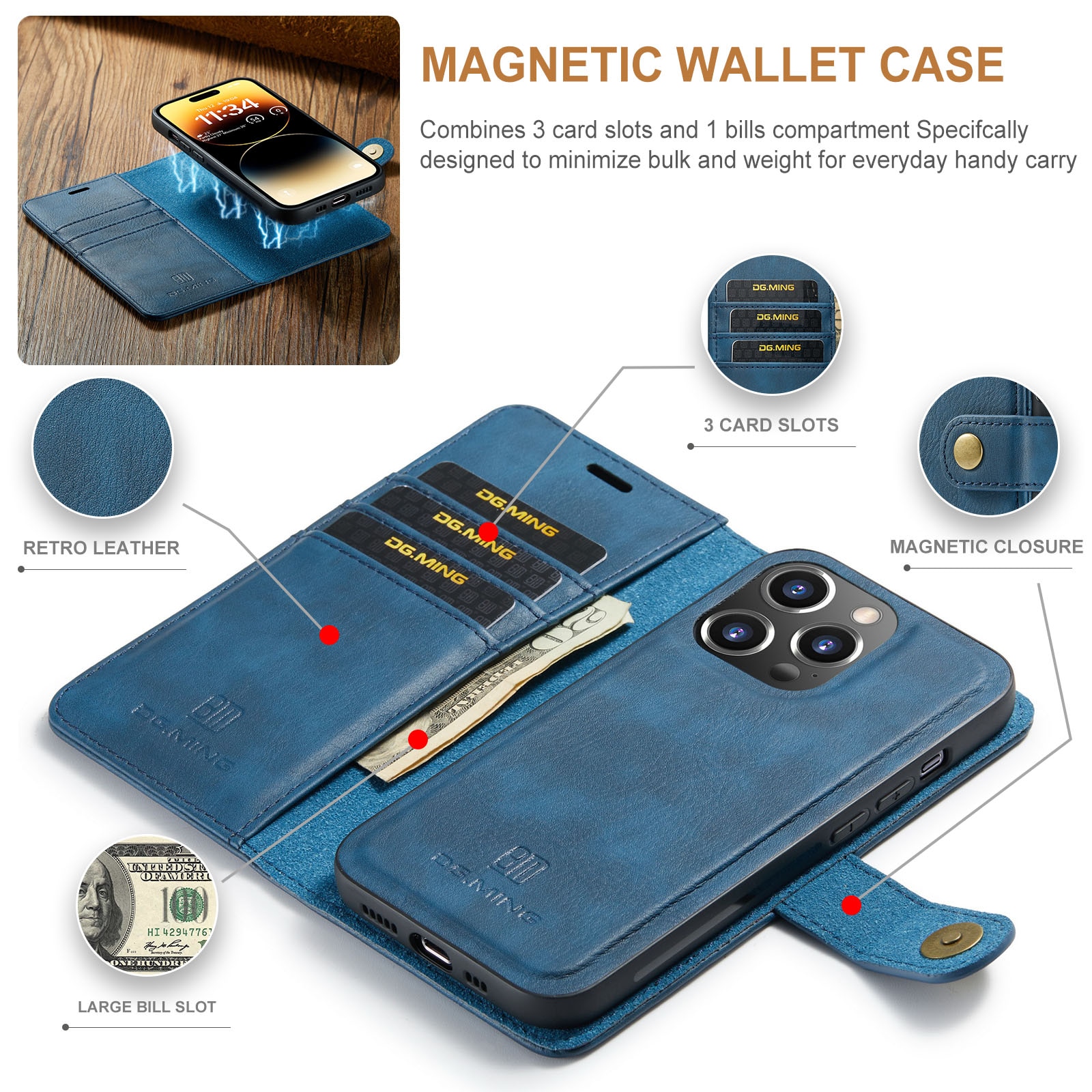 Étui portefeuille Magnet Wallet iPhone 15 Pro Max, Blue