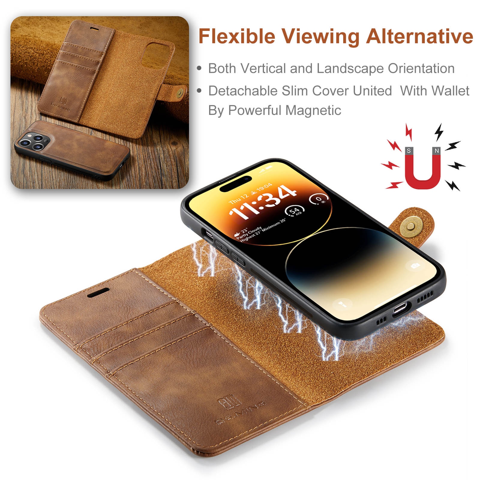 Étui portefeuille Magnet Wallet iPhone 14 Pro Cognac