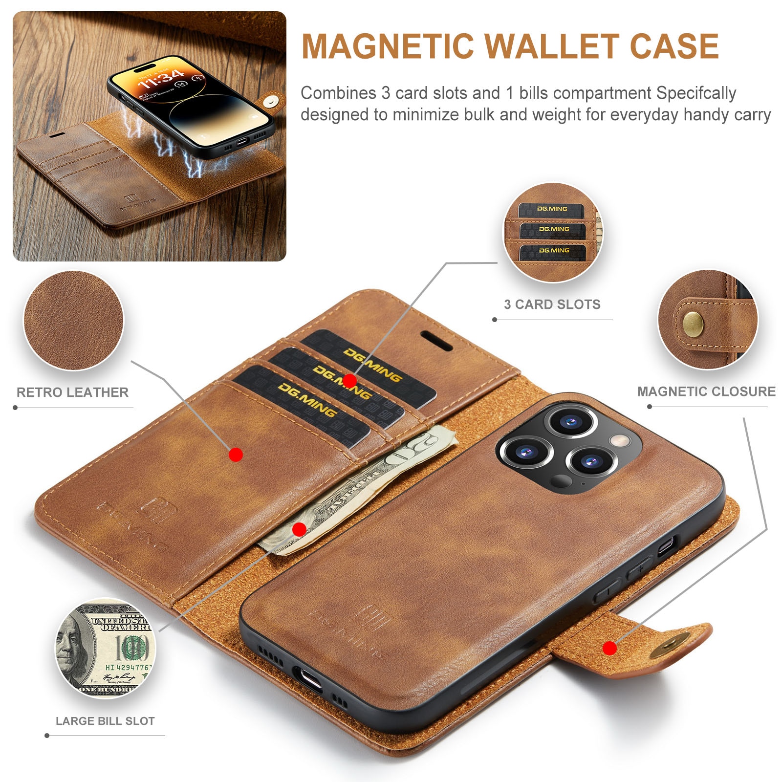 Étui portefeuille Magnet Wallet iPhone 15 Pro, Cognac