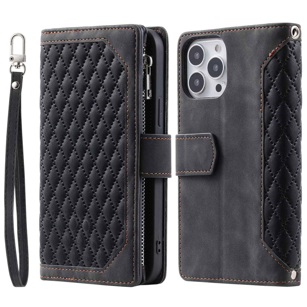 Étui portefeuille matelassée pour iPhone 14 Pro Max, noir