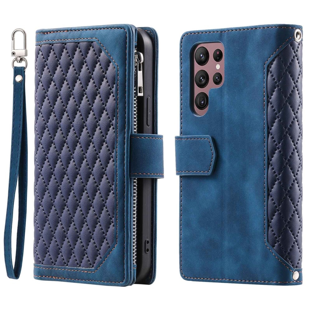 Étui portefeuille matelassée pour Samsung Galaxy S22 Ultra, bleu