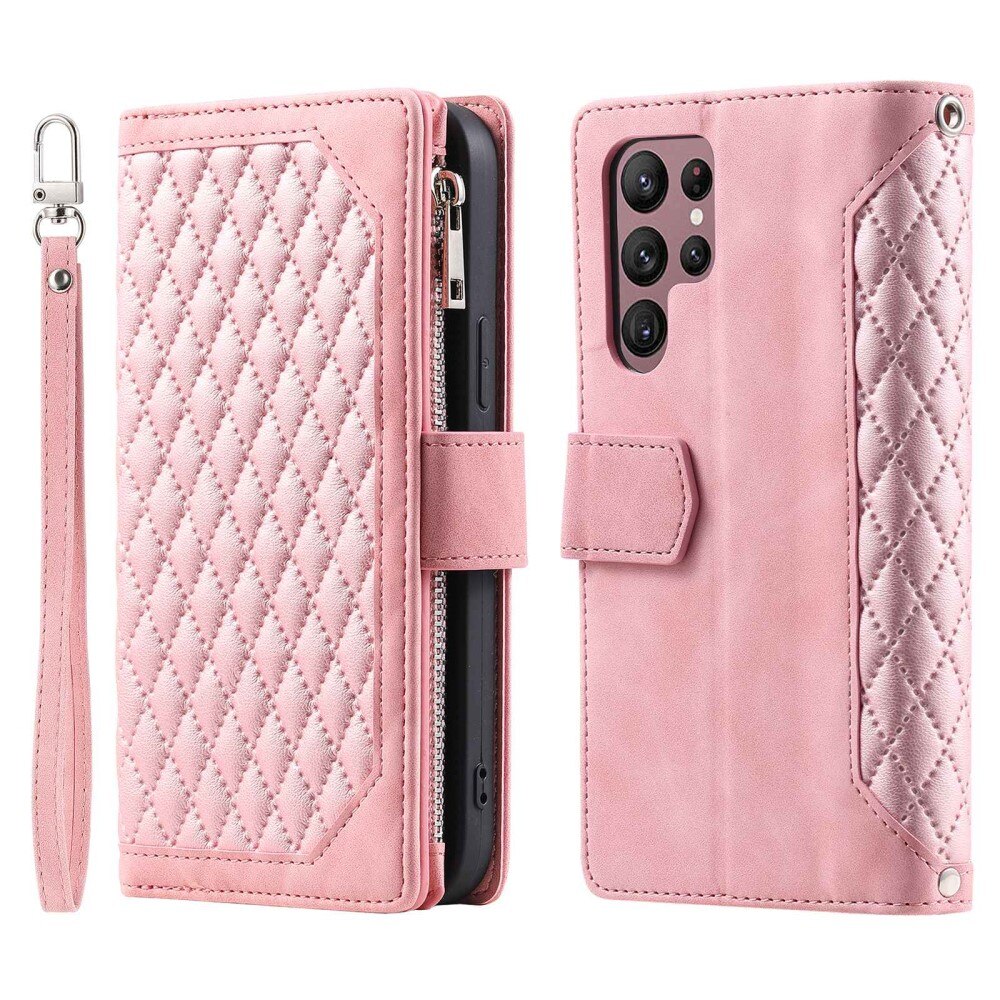 Étui portefeuille matelassée pour Samsung Galaxy S22 Ultra, Rose
