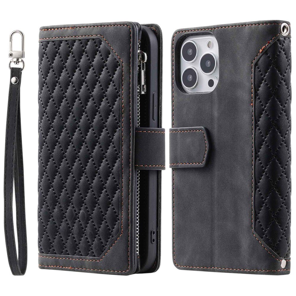 Étui portefeuille matelassée pour iPhone 14 Pro, Noir