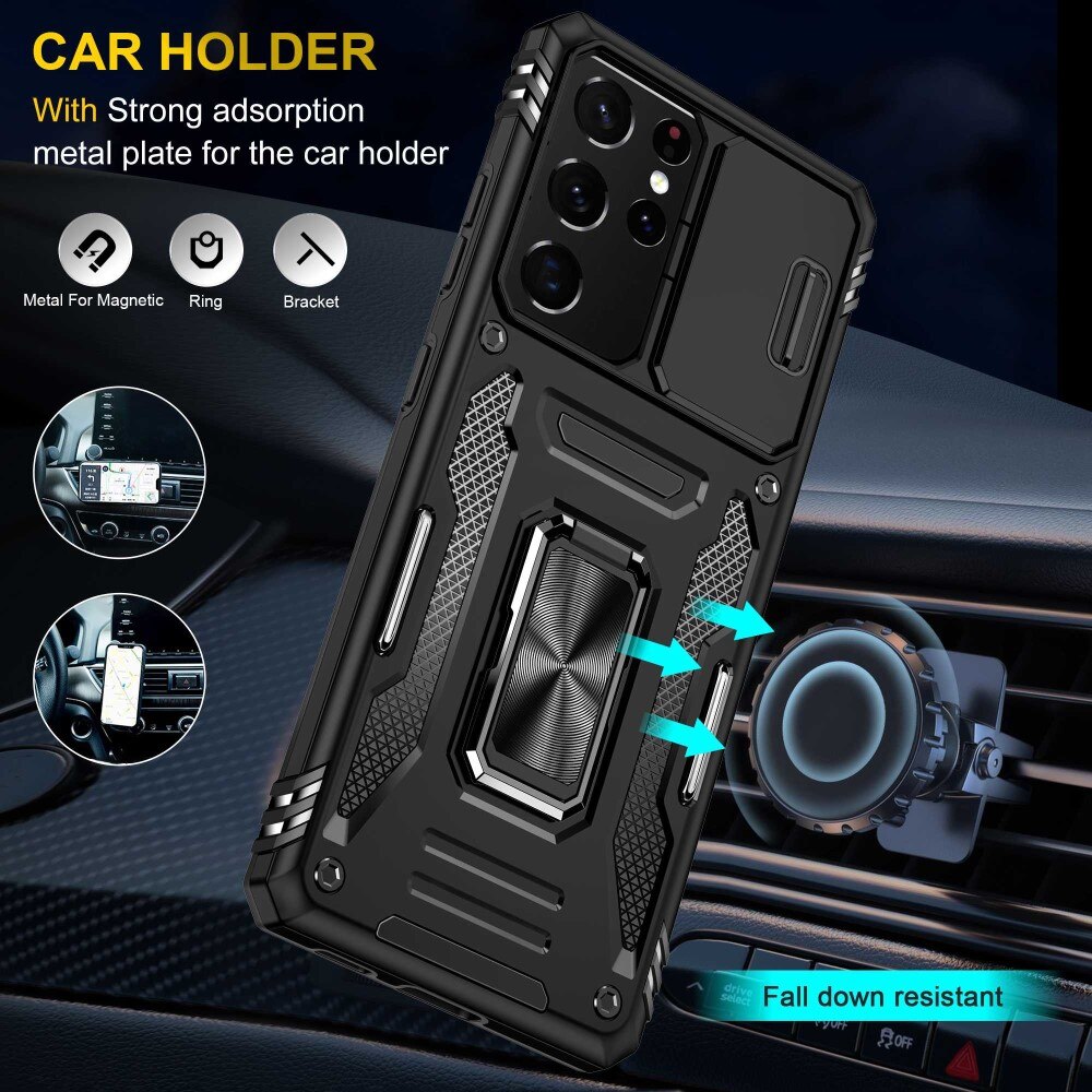 Coque Hybride Ring avec Protège Caméra Samsung Galaxy S21 Ultra, Noir