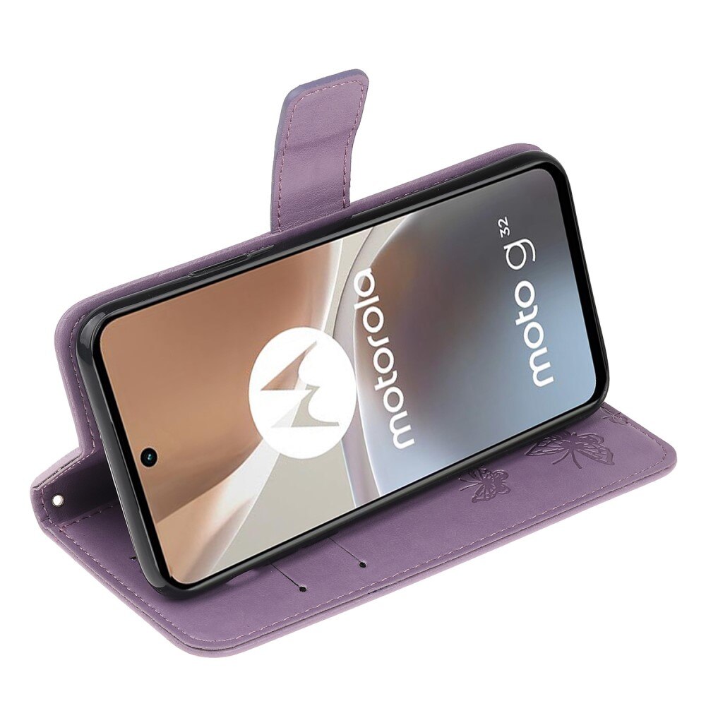 Étui en cuir à papillons pour Motorola Moto G32, violet