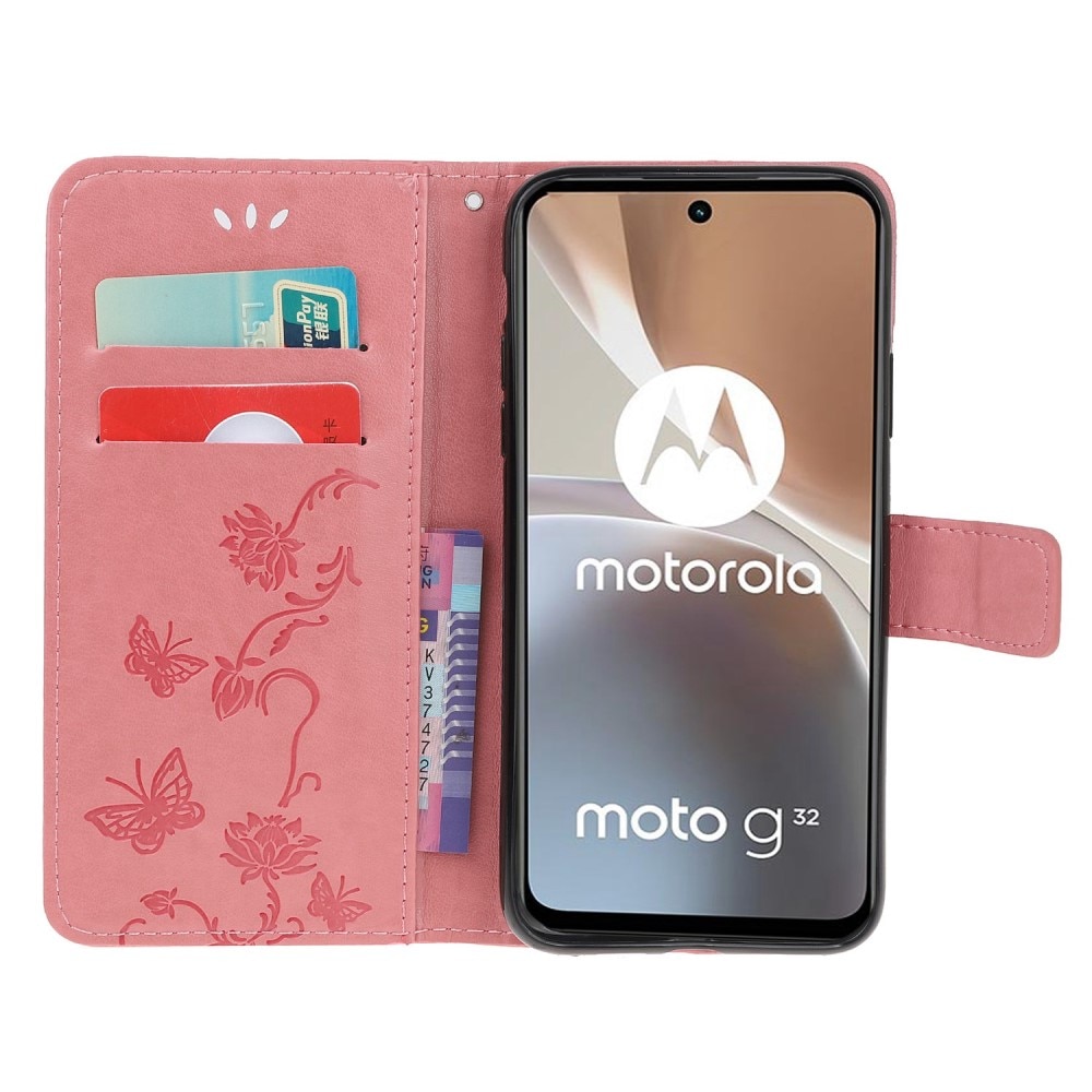 Étui en cuir à papillons pour Motorola Moto G32, rose