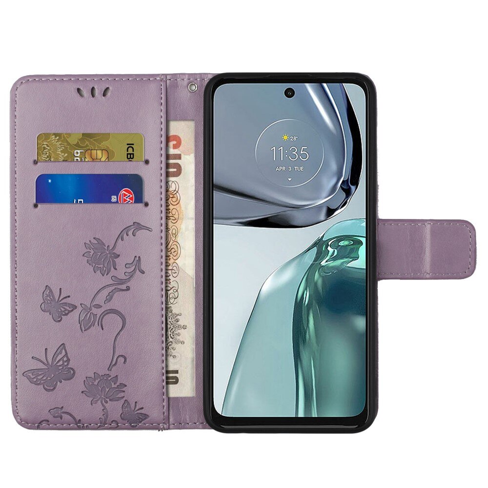 Étui en cuir à papillons pour Motorola Moto G62, violet