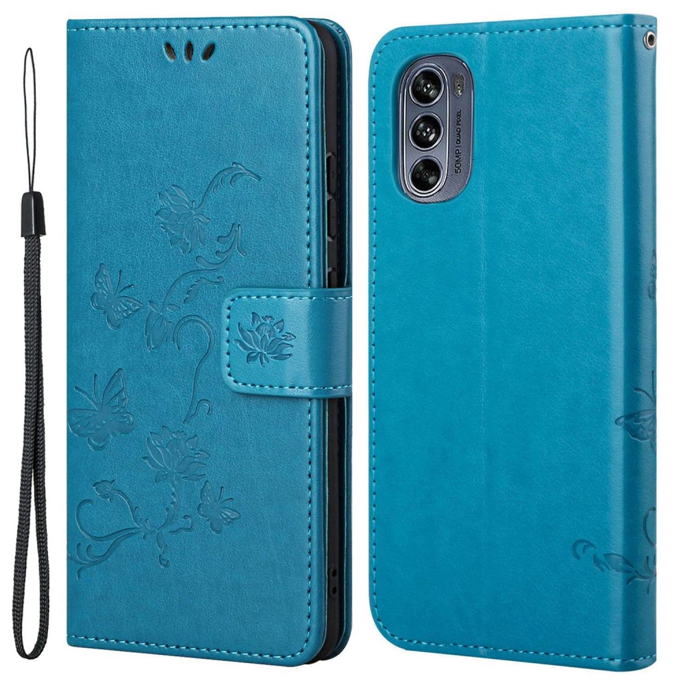 Étui en cuir à papillons pour Motorola Moto G62, Bleu