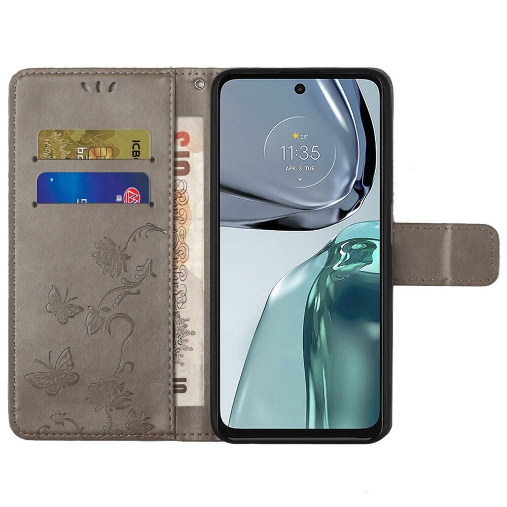 Étui en cuir à papillons pour Motorola Moto G62, Gris