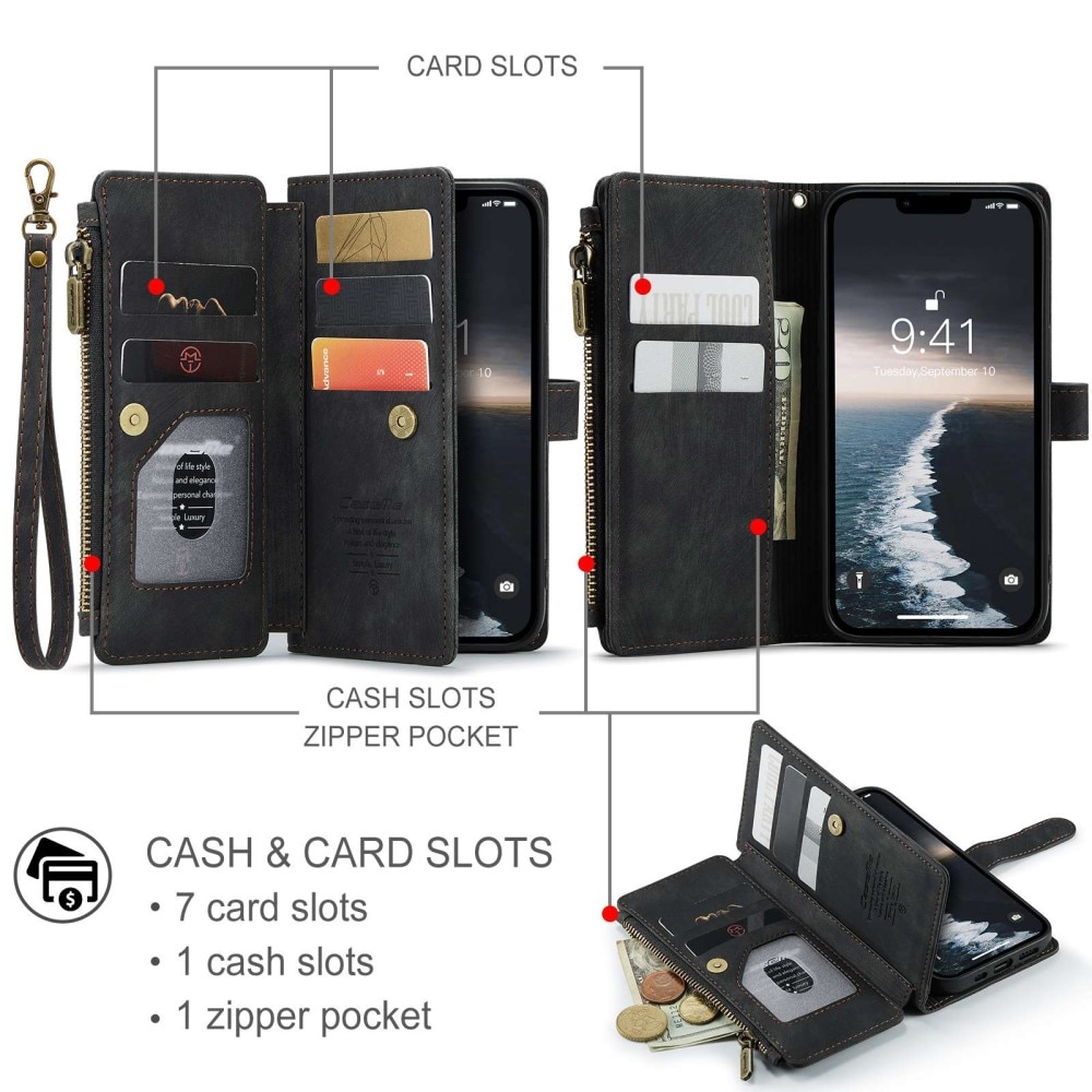 Étui portefeuille à glissière iPhone 14, Noir