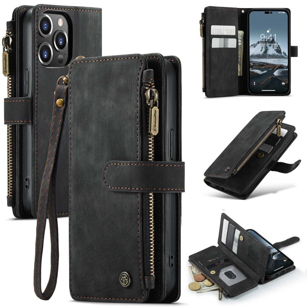 Étui portefeuille à glissière iPhone 14 Pro, Noir