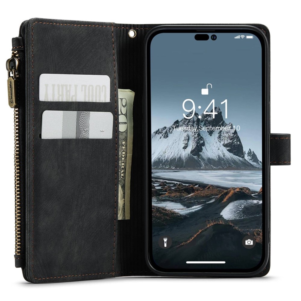 Étui portefeuille à glissière iPhone 14 Pro Noir