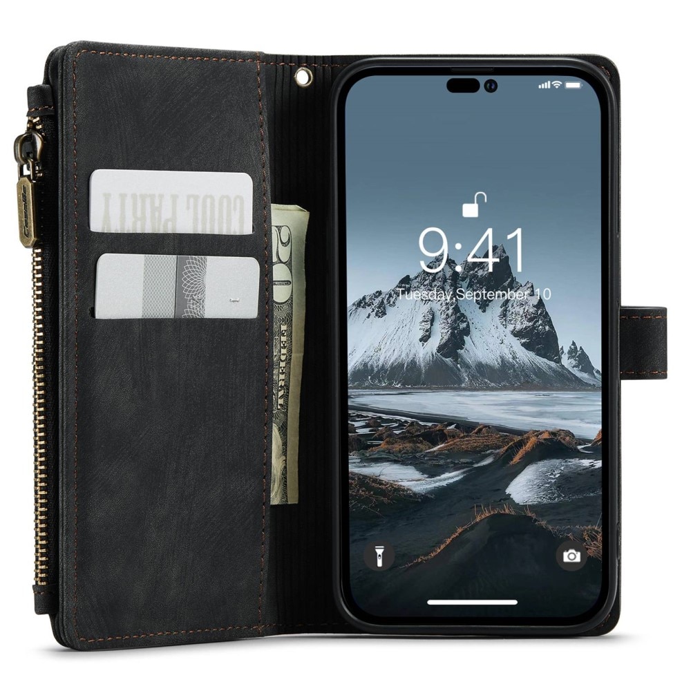 Étui portefeuille à glissière iPhone 14 Pro, Noir