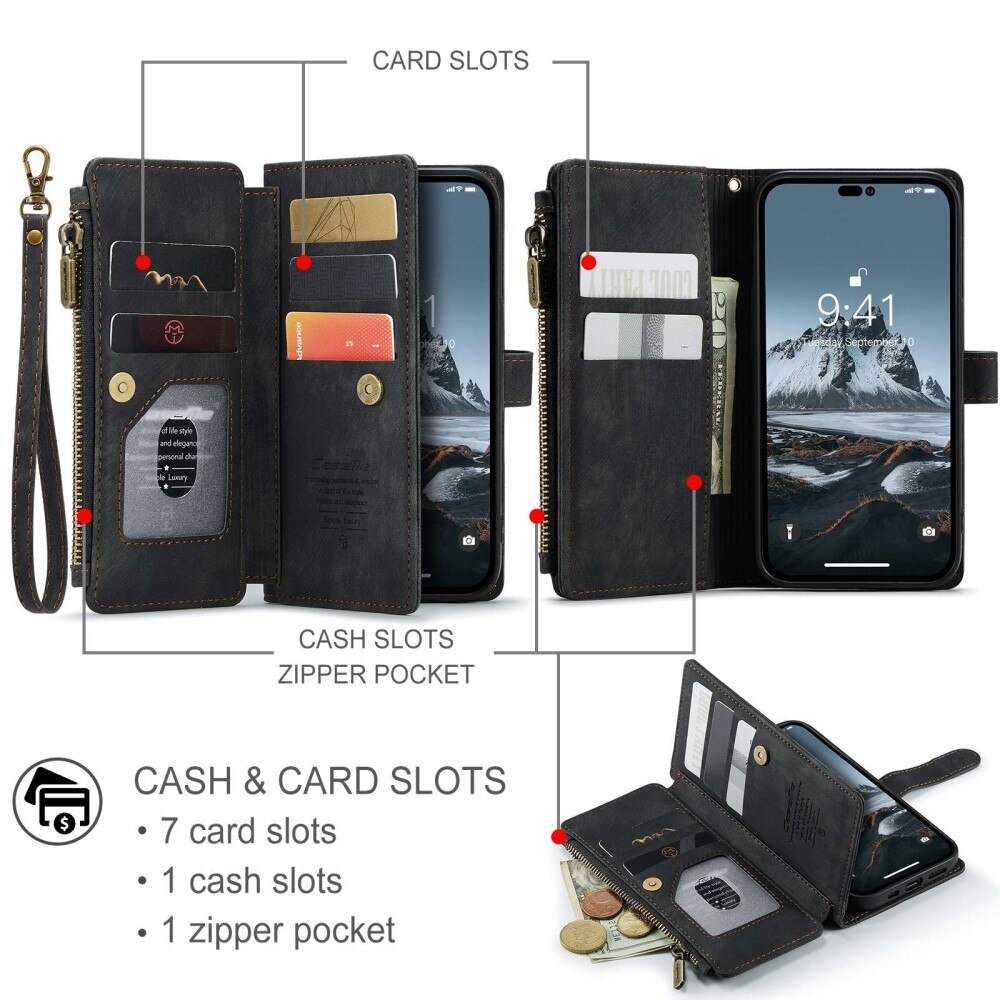 Étui portefeuille à glissière iPhone 14 Pro, Noir