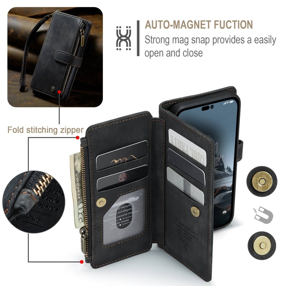 Étui portefeuille à glissière iPhone 14 Pro, Noir
