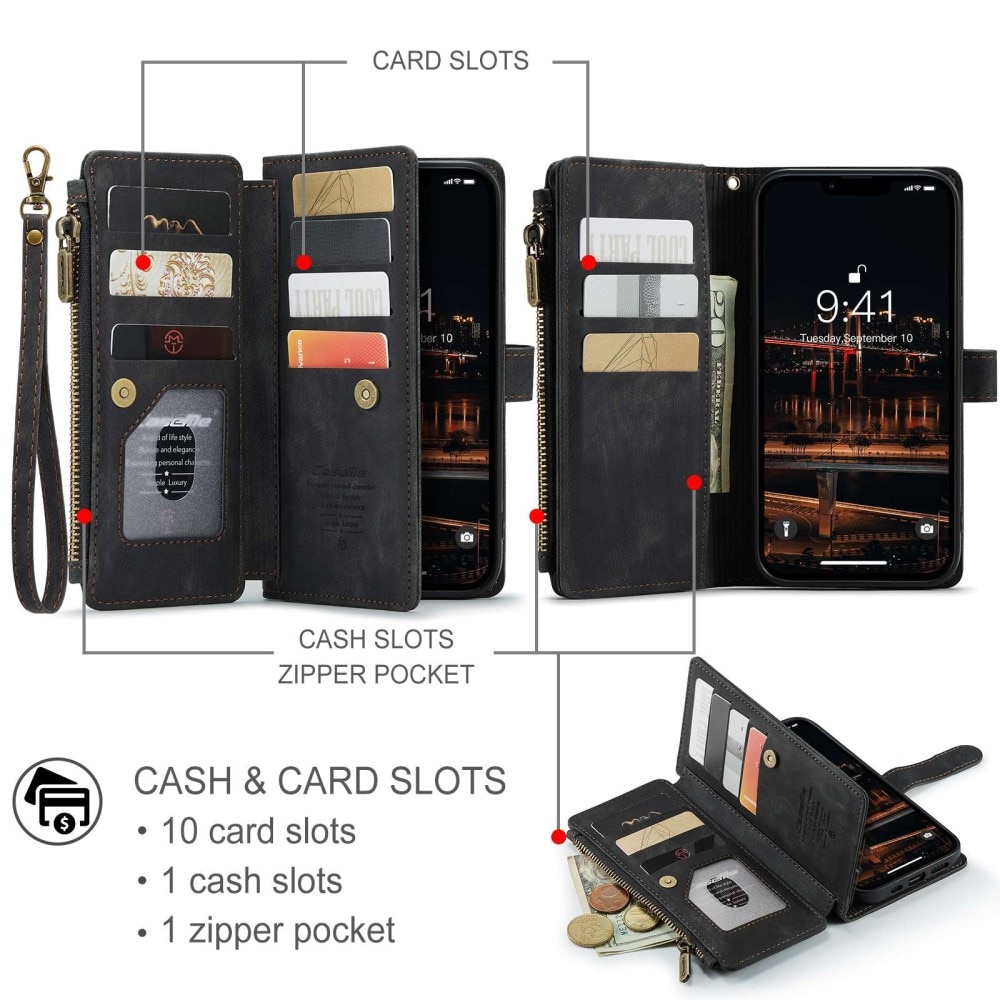 Étui portefeuille à glissière iPhone 14 Plus Noir