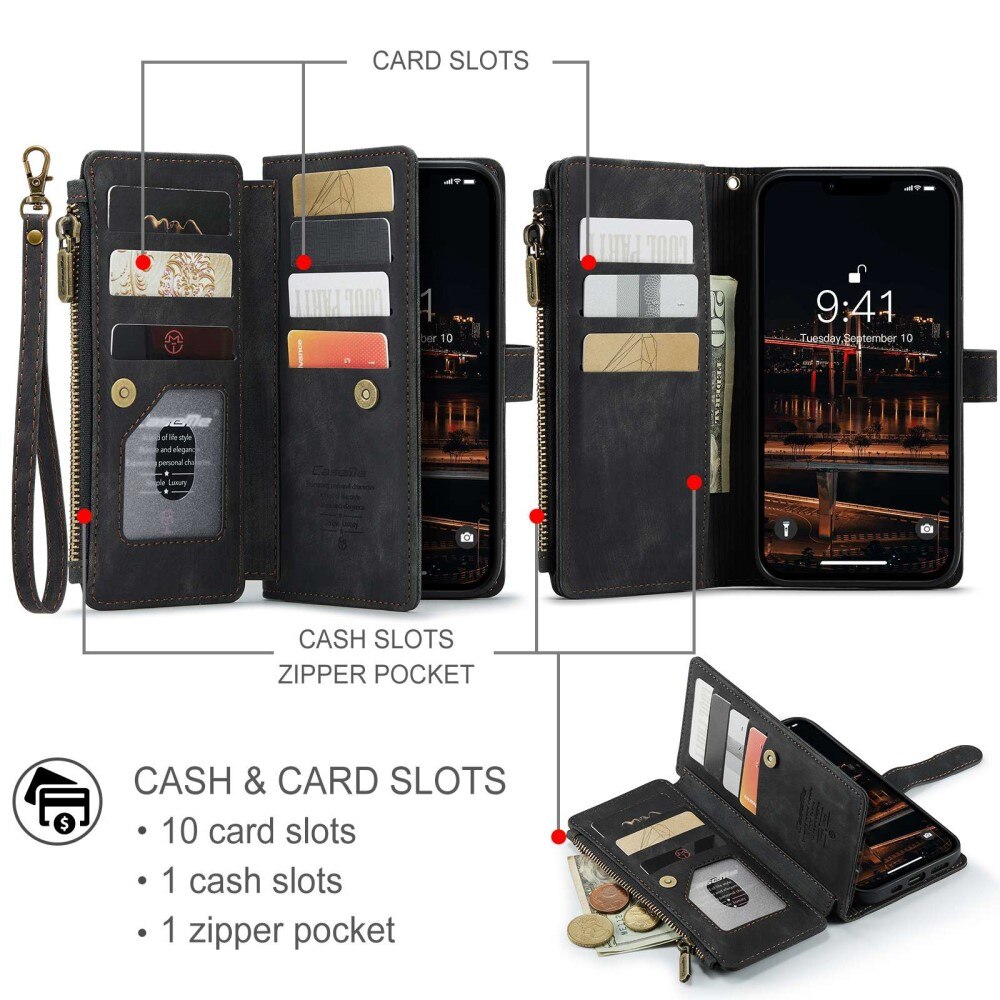 Étui portefeuille à glissière Apple iPhone 14 Plus, Noir