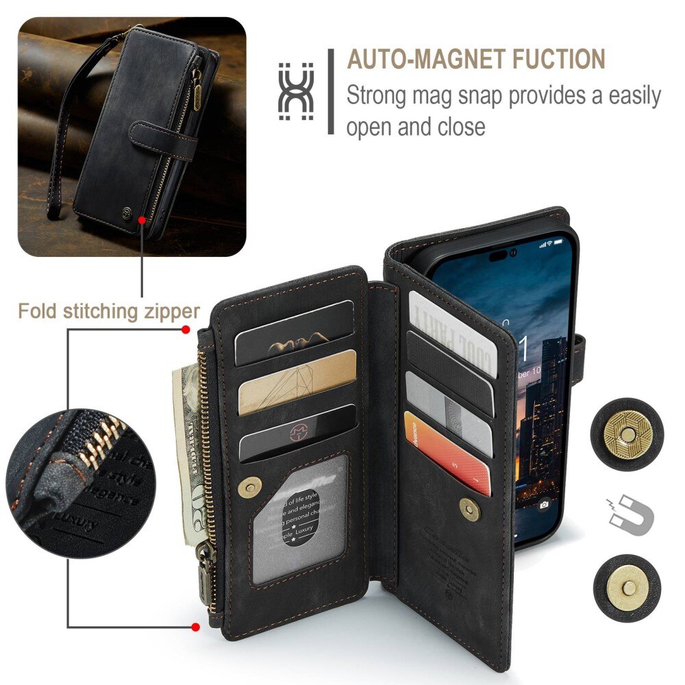 Étui portefeuille à glissière iPhone 14 Pro Max, Noir