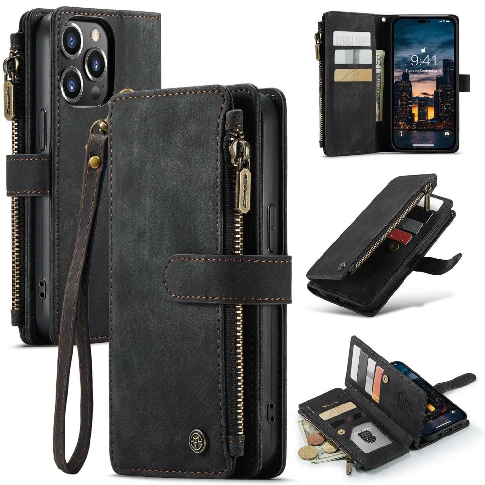 Étui portefeuille à glissière iPhone 14 Pro Max, Noir