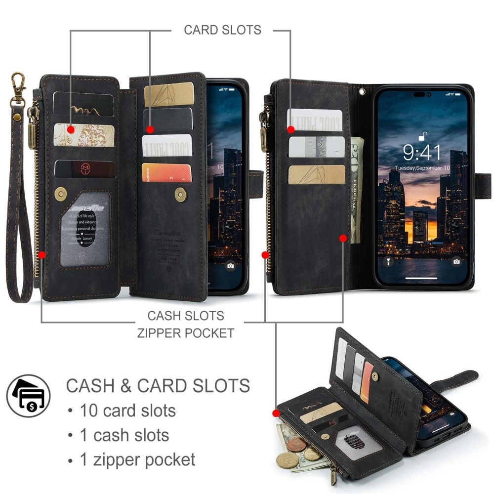 Étui portefeuille à glissière iPhone 14 Pro Max Noir