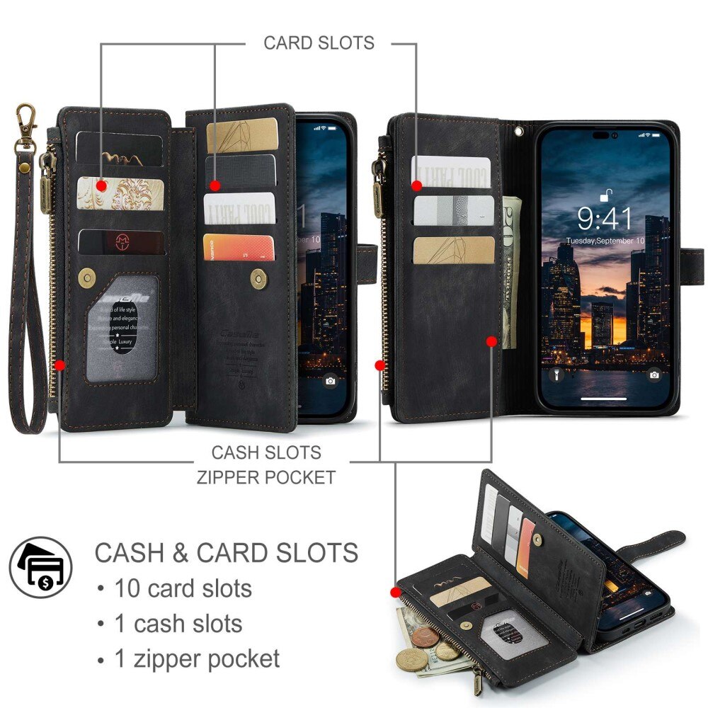 Étui portefeuille à glissière iPhone 14 Pro Max, Noir