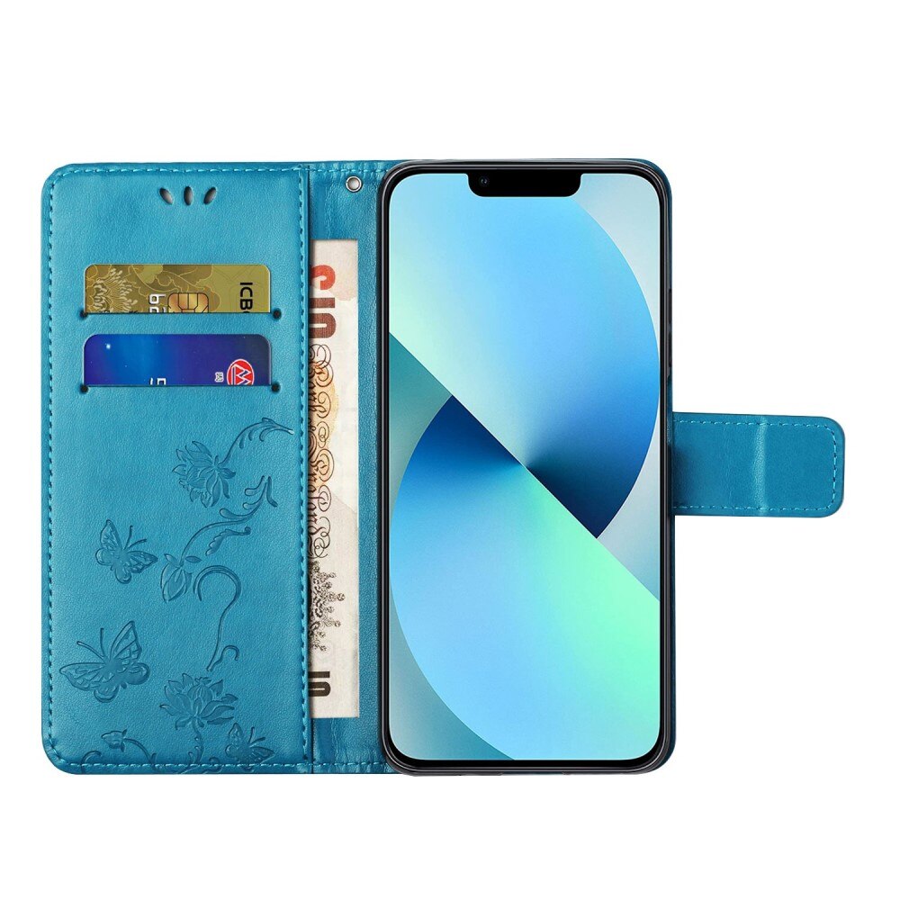 Étui en cuir à papillons pour iPhone 14, bleu