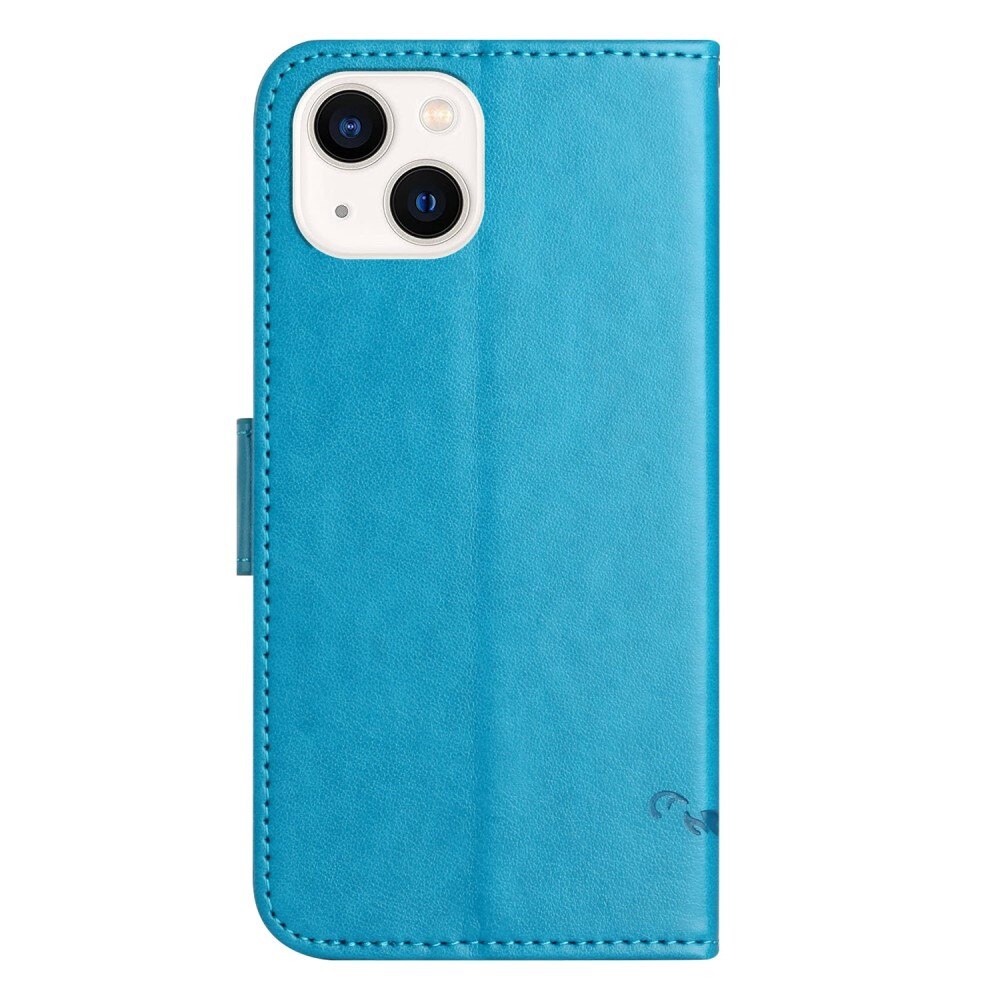 Étui en cuir à papillons pour iPhone 14, Bleu