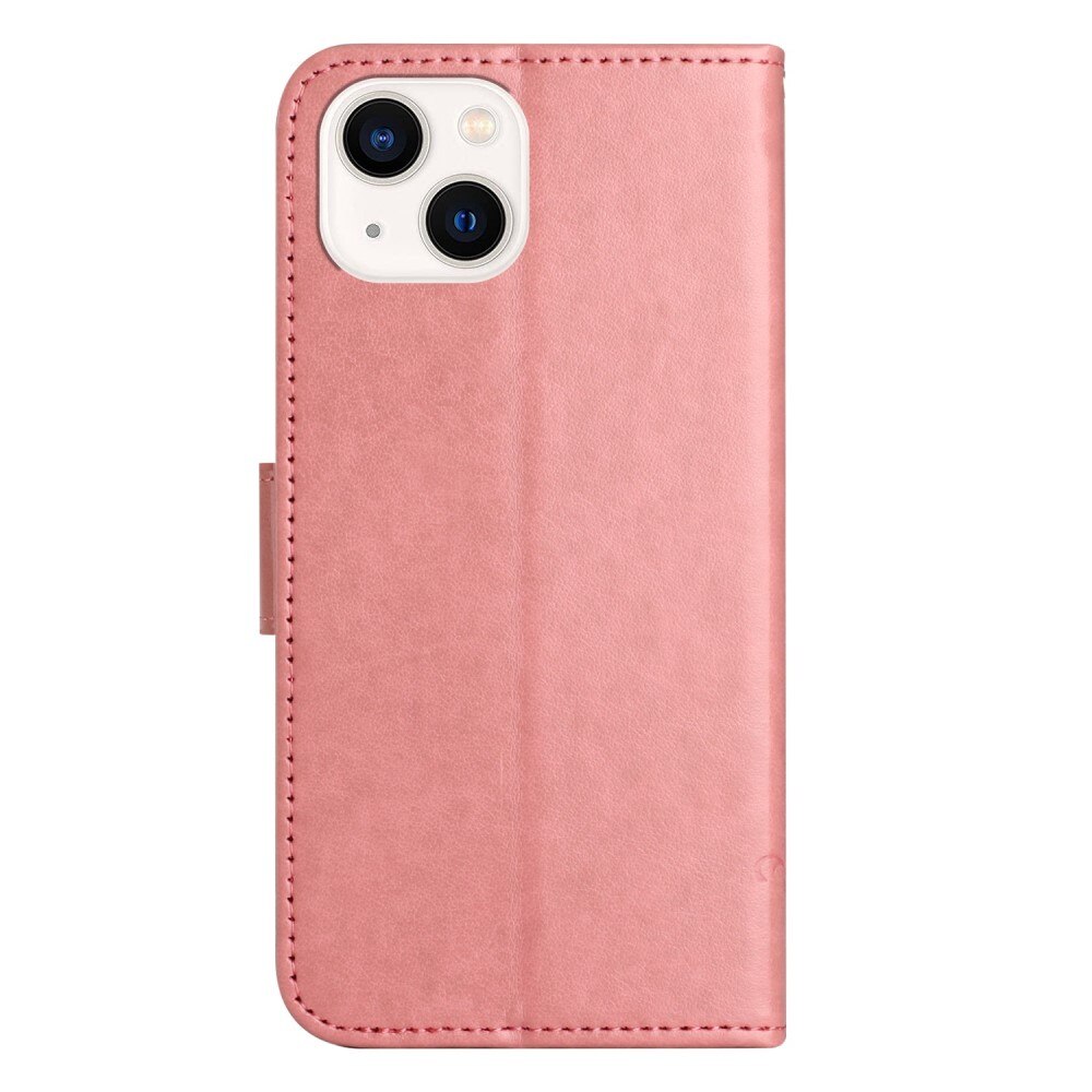 Étui en cuir à papillons pour iPhone 14, rose