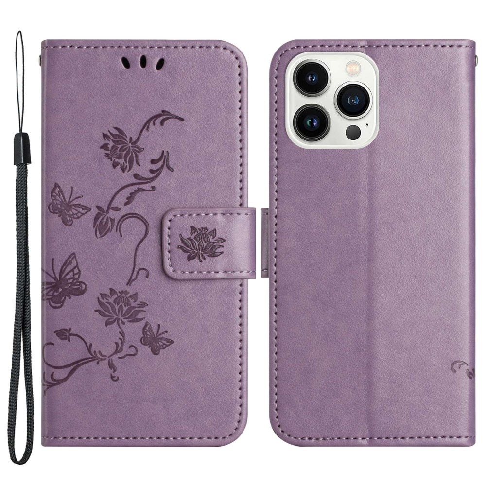 Étui en cuir à papillons pour iPhone 14 Pro, violet