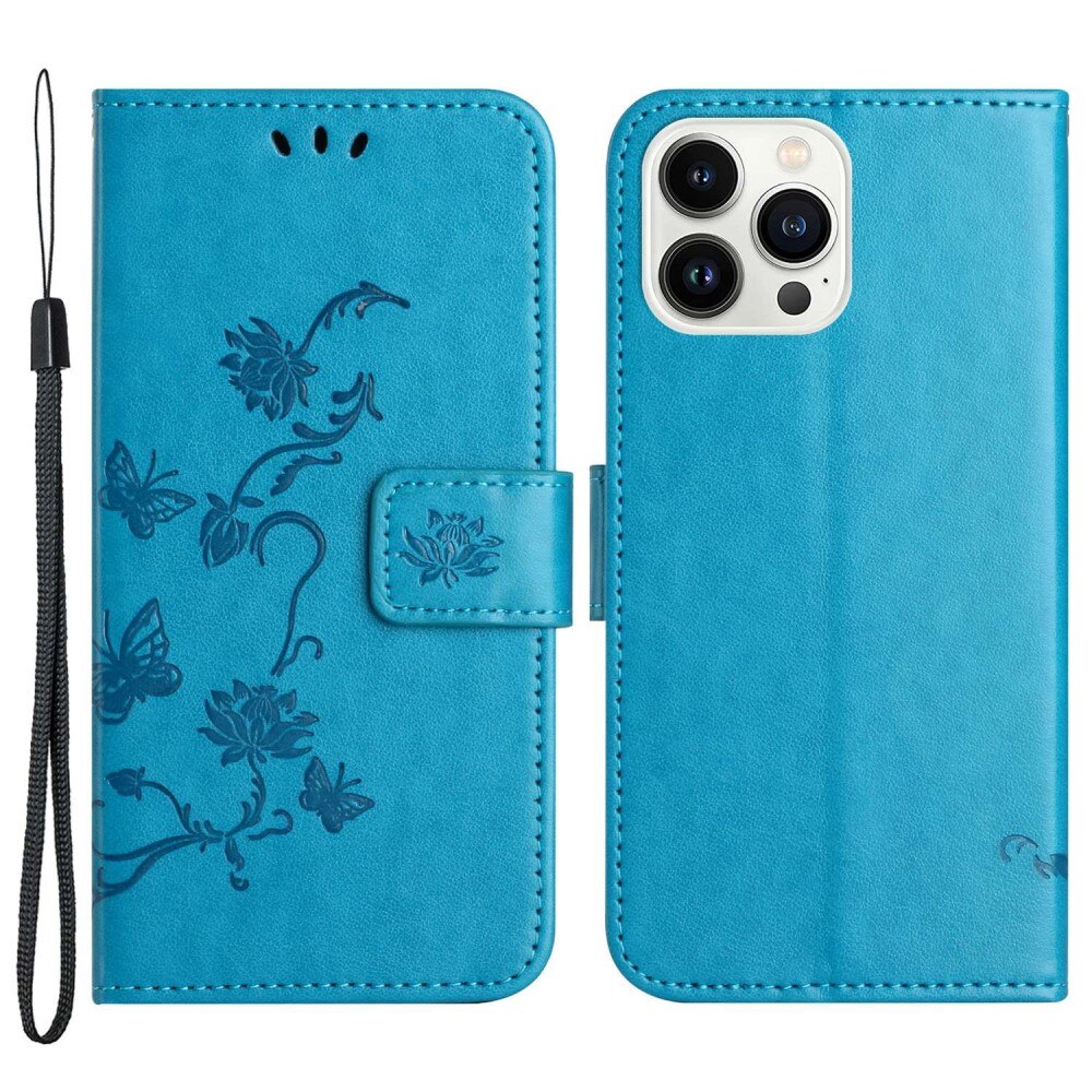 Étui en cuir à papillons pour iPhone 14 Pro, Bleu
